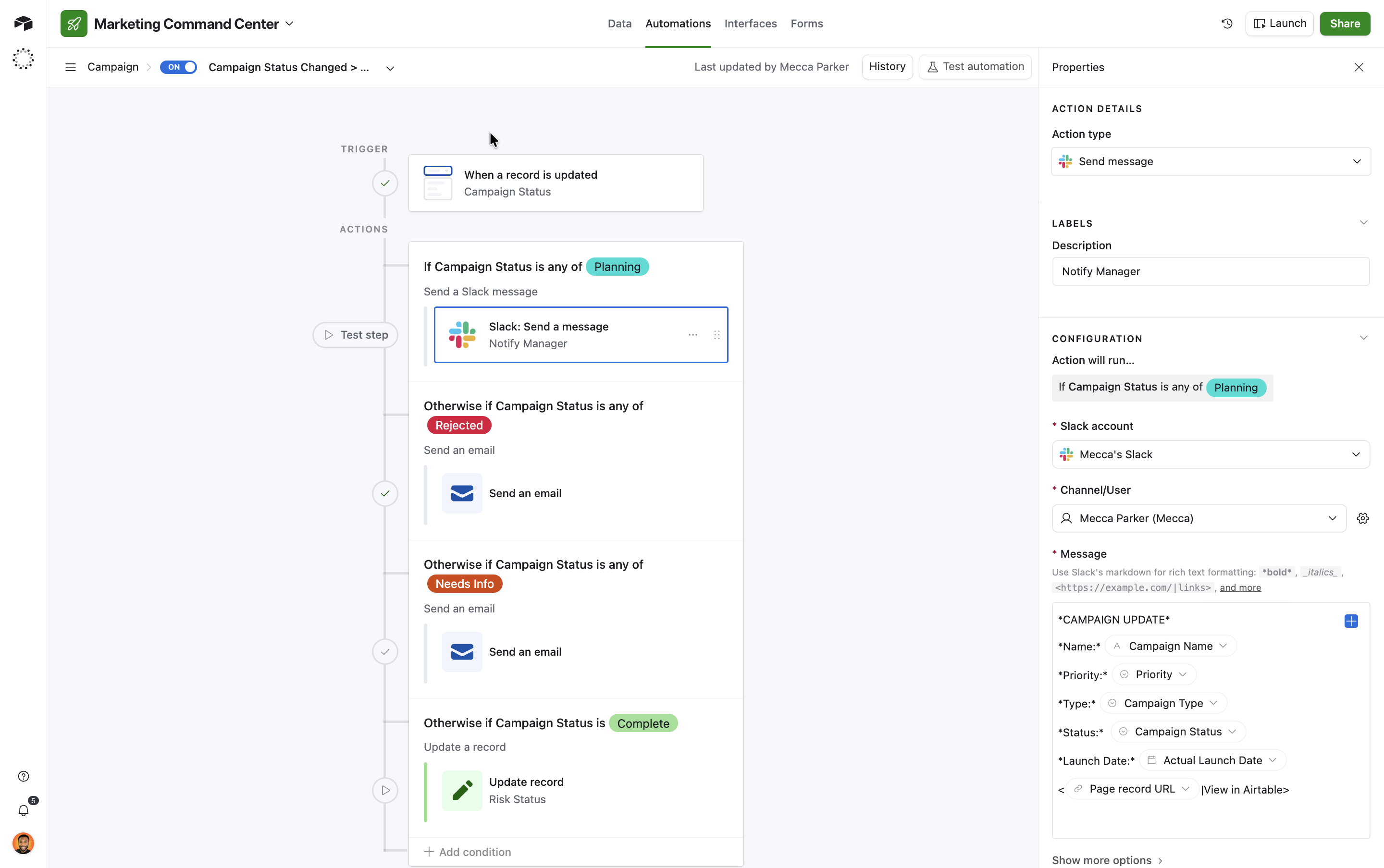 An Airtable automation builder showing a record-updated trigger branching by campaign status into Slack and email actions