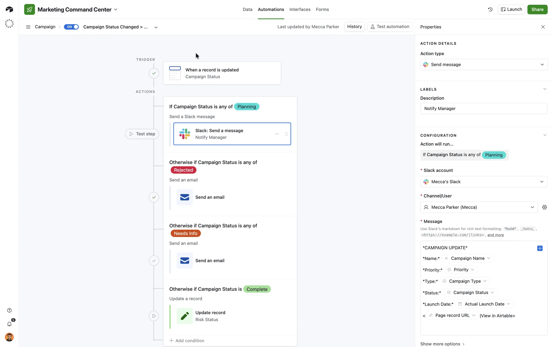 An Airtable automation builder showing a record-updated trigger branching by campaign status into Slack and email actions