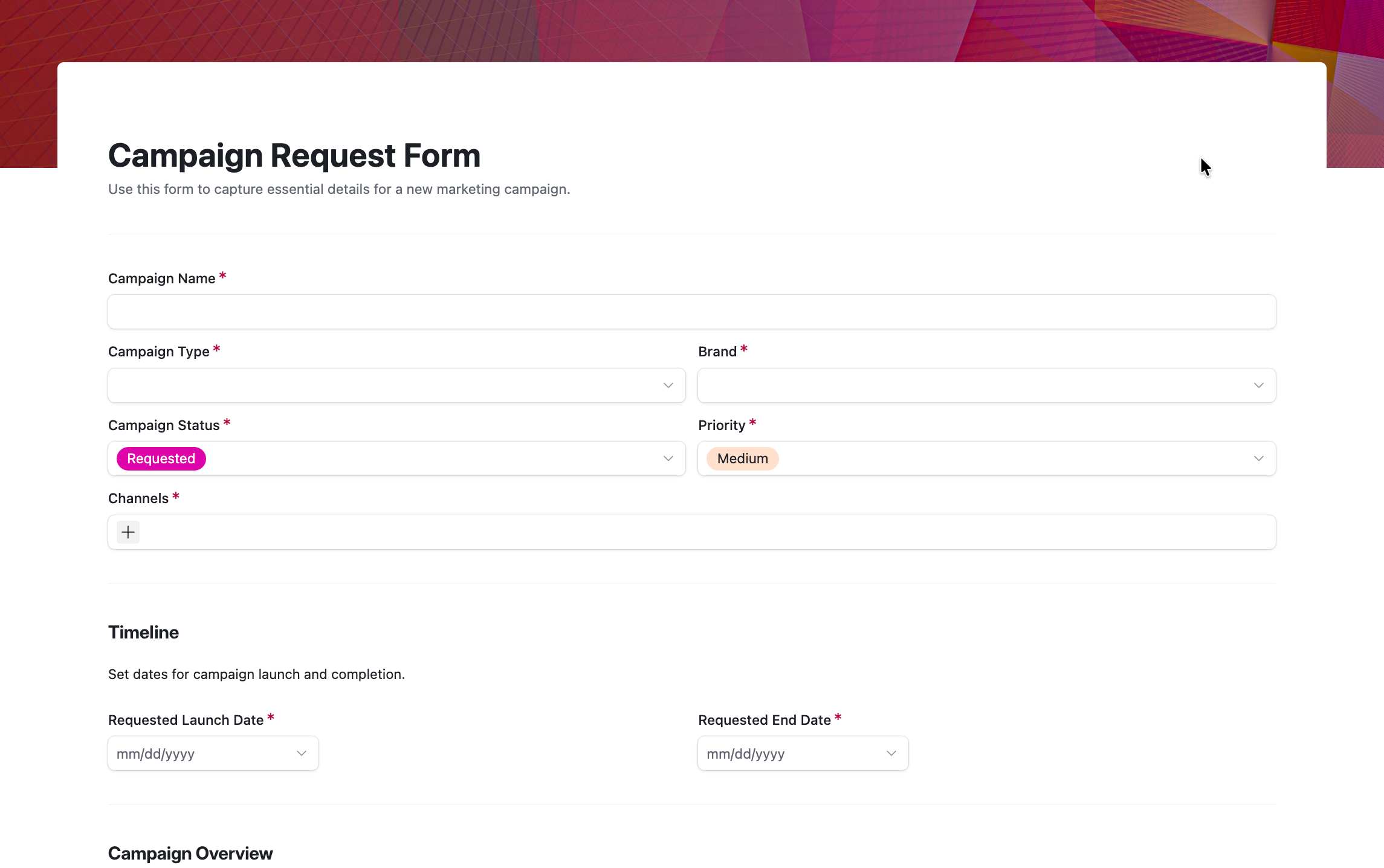 A branded Airtable campaign request form with required fields for campaign name, type, brand, status, priority, channels and timeline