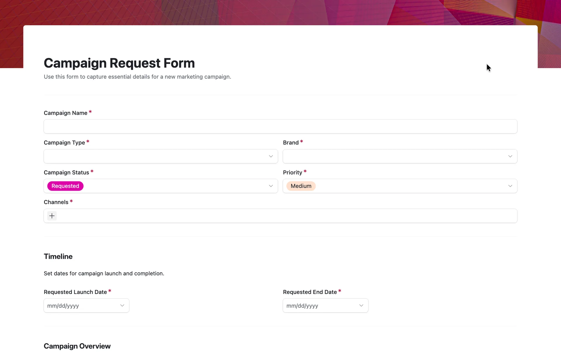 A branded Airtable campaign request form with required fields for campaign name, type, brand, status, priority, channels and timeline