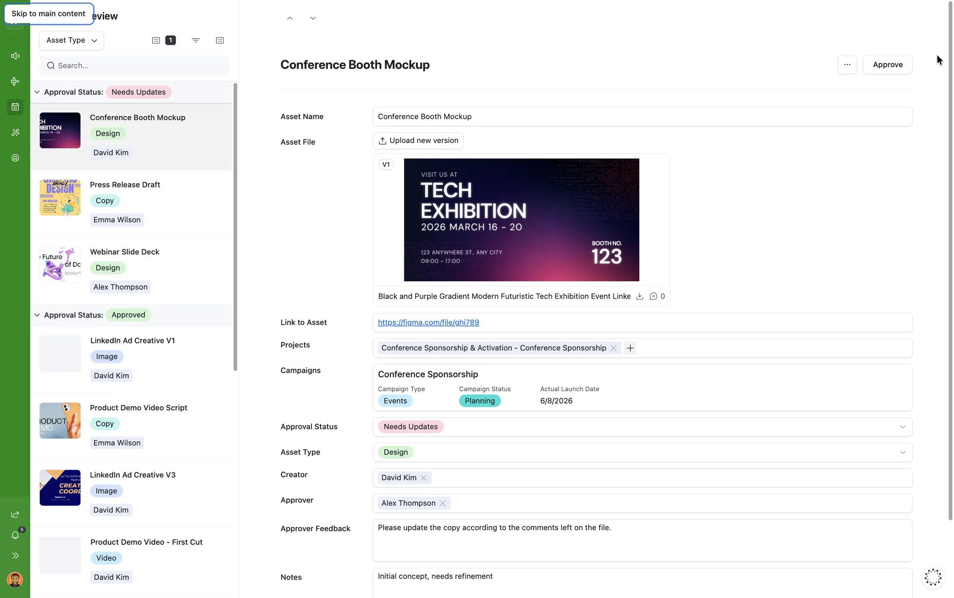 An Airtable asset review queue grouped by approval status, beside the record for one asset showing its version, its approver and the feedback returned