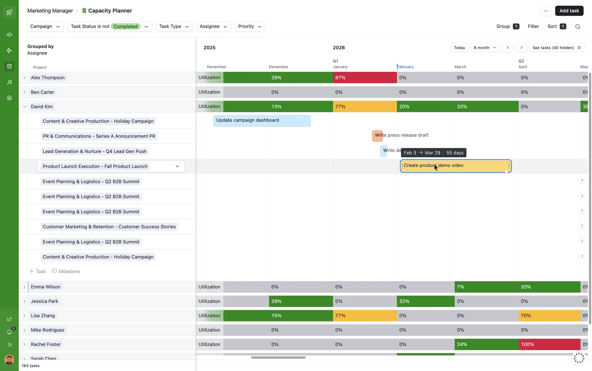 An Airtable capacity view grouped by assignee, showing each person’s monthly utilisation against the tasks scheduled for them