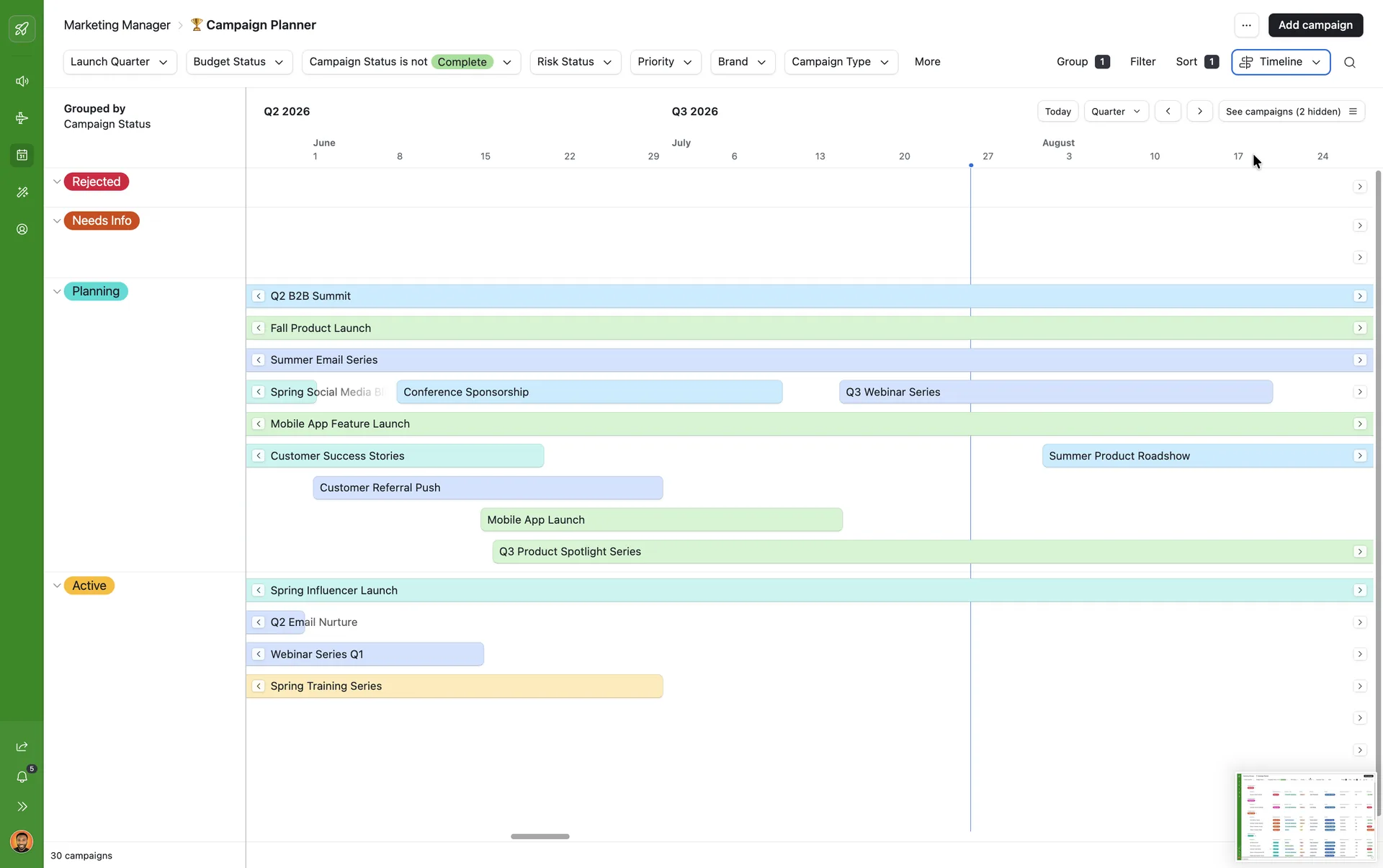 An Airtable timeline of thirty campaigns grouped by approval status — rejected, needs info, planning, active — running across two quarters